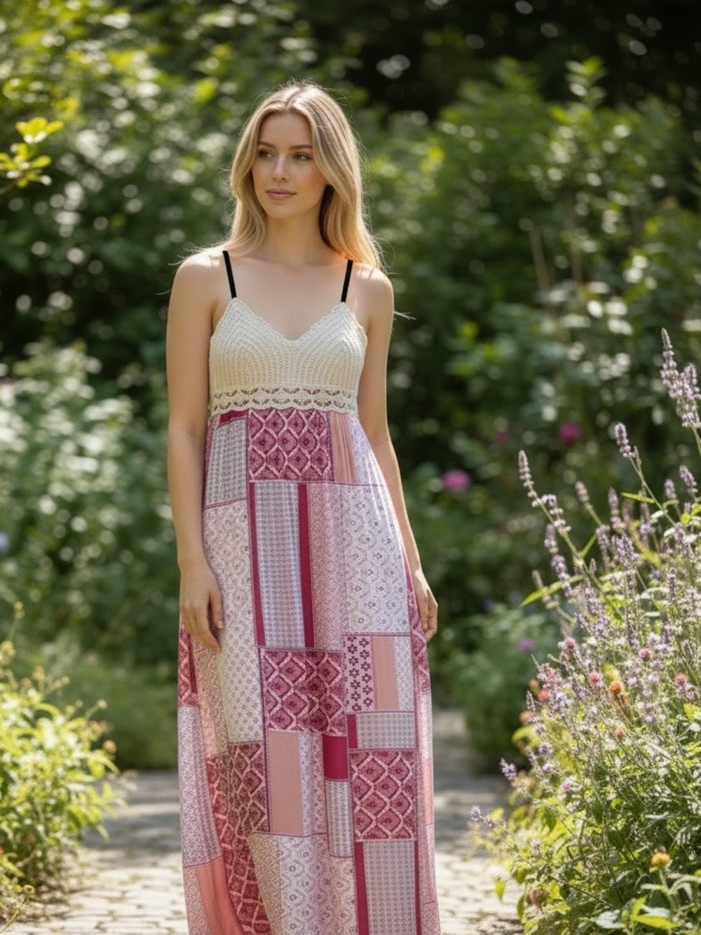 Andree Blue byβ Unit Boho Patchwork Crochet Cottagecore Maxi Dress Size S